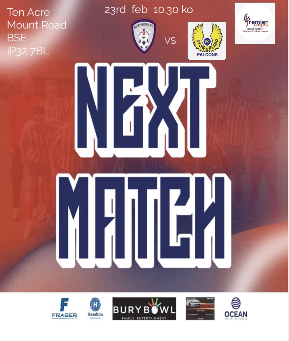 <a href="/BuryBowlFC/">BuryBowlFC</a> host one of the title chasers <a href="/FalconsSundays/">Stowupland Falcons Sundays</a> this Sunday in a huge game for both teams #UpTheBowl #HalaBowl 🔴⚪️🔵