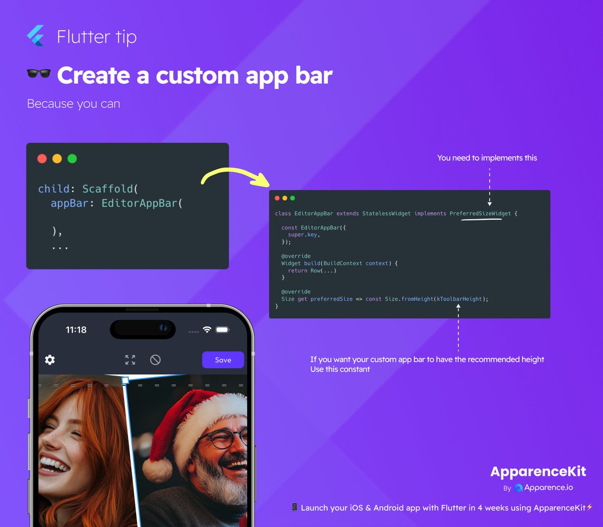 mcflyDev's tweet image. 🧐 Flutter tips
How to create a custom app bar
#flutter #flutterdev #fluttertips