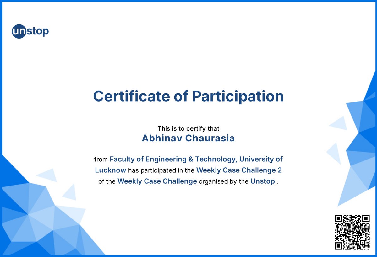 abhinavc_dev's tweet photo. 💡 Excited to have participated in Weekly Case Challenge 2 organized by @Unstop_World! 🚀
Every challenge is a new learning experience, and this one pushed me to think critically and solve problems effectively. Looking forward to more! 🔥
#CaseChallenge #ProblemSolving https://t.co/1R98ISp8nG