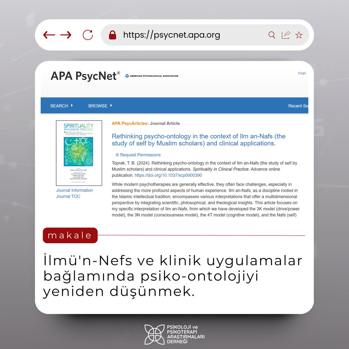 ppad_resmi's tweet photo. Amerikan Psikoloji Derneği'nin (APA) PsycNet platformunda yayımlanan makale, İlmü’n-Nefs modellerinin temel kavramlarını ve bu modellerin modern psikoterapi yaklaşımlarıyla nasıl örtüştüğünü veya farklılaştığını detaylı bir şekilde incelemektedir. https://t.co/7kUcWBdNnj