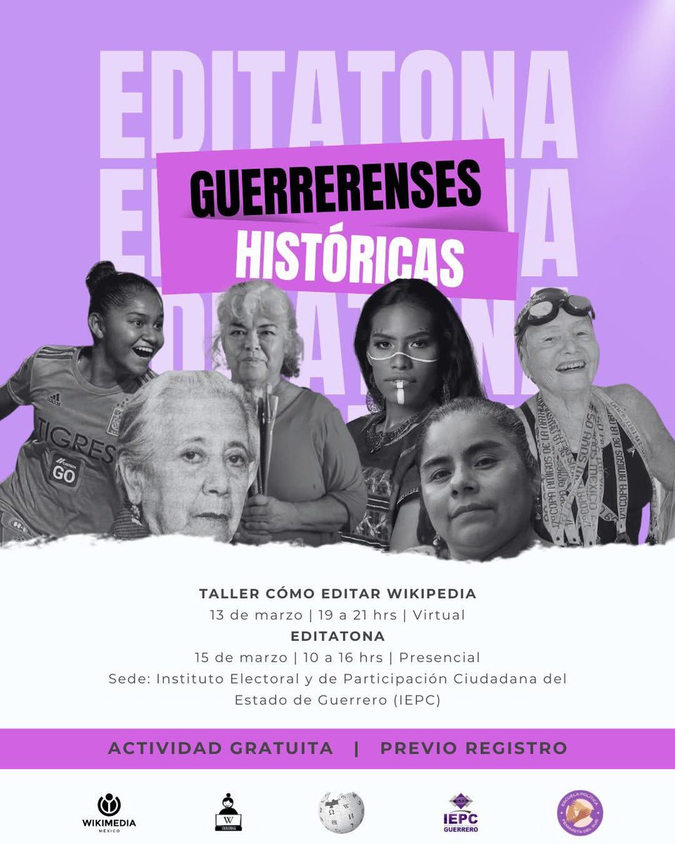 AtzirieAvila's tweet image. #GuerrerensesHistóricas
📢Editatona llega a #Guerrero
💻Crea, edita o traduce artículos para visibilizar el trabajo e investigación de las mujeres guerrenses.
Regístrate aquí: forms.gle/LohciBisTWoM1L…
@Wikimedia_mx 🟣 @IEPCGRO
#NuncaMásWikipediaSinNosotras