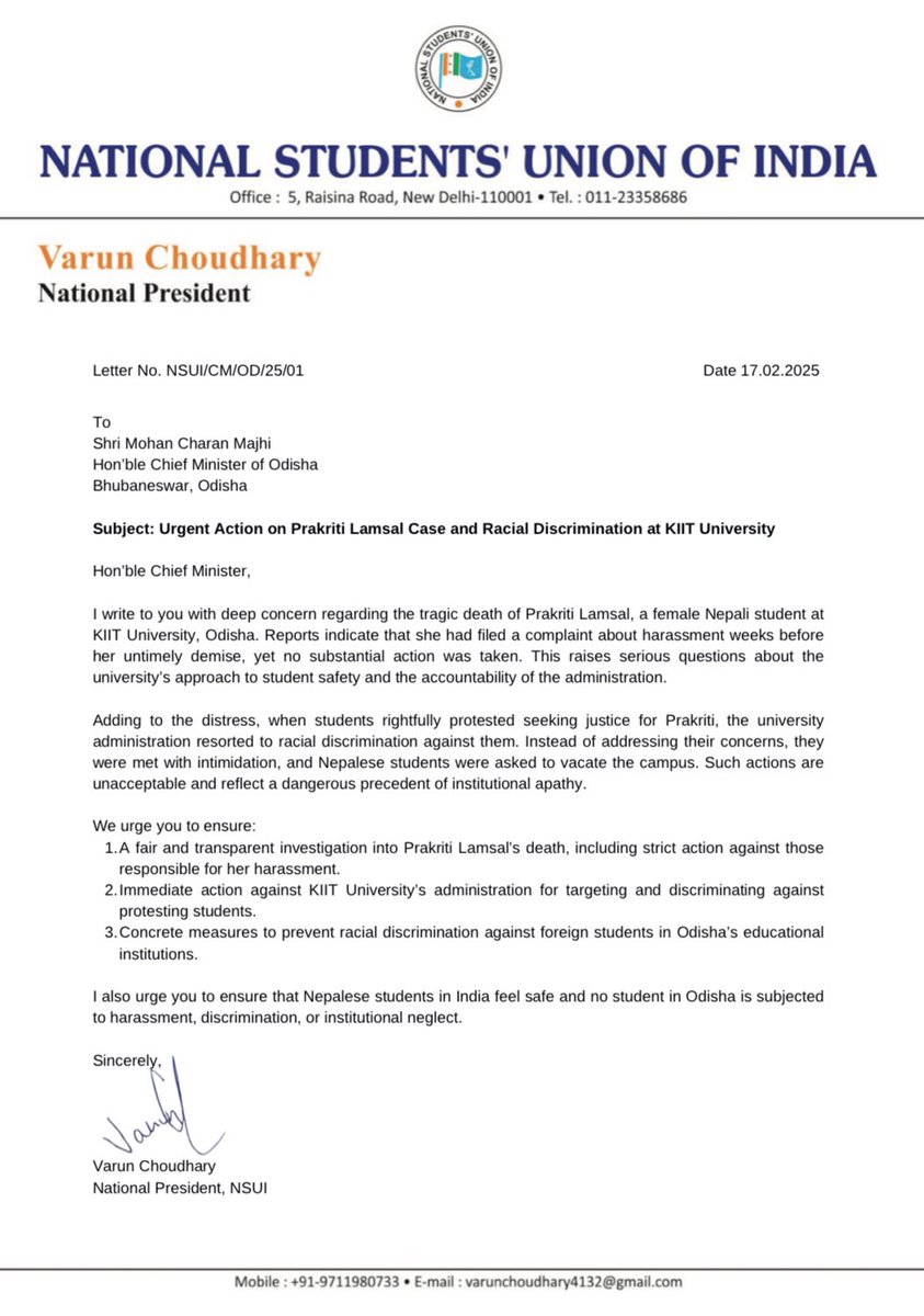varunchoudhary2's tweet photo. Odisha CM @MohanMOdisha must act now!

Hours have passed since Prakriti's death, yet Odisha Govt remains silent. @KIITUniversity is issuing racially discriminatory orders and trying a cover-up.

BJP govt at both Centre and State must ensure accountability.

#JusticeForPrakriti https://t.co/LzB3203HMM