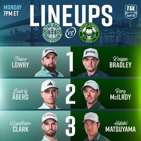 The first ever TGL triple-header kicks off in an hour.

 1PM — Billy, Cantlay, JT vs. Rose, Tommy &amp; Sahith 

4PM — Glover, Cantlay, JT vs. Wyndham, Luddy, &amp; Min Woo

7PM — Shane, Luddy, Wyndham vs. Captain Keegan, Rors &amp; Hideki

Let’s have a DAY.