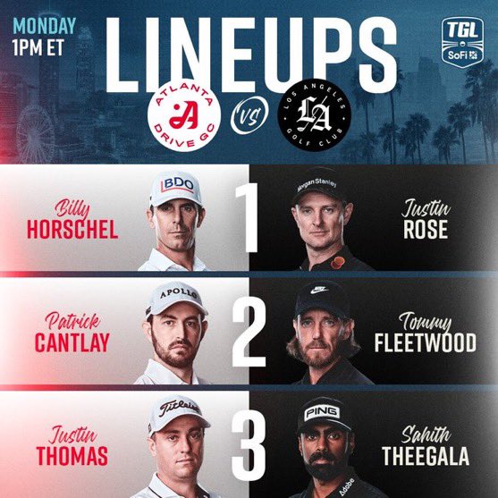 ForePlayPod's tweet photo. The first ever TGL triple-header kicks off in an hour.

 1PM — Billy, Cantlay, JT vs. Rose, Tommy & Sahith 

4PM — Glover, Cantlay, JT vs. Wyndham, Luddy, & Min Woo

7PM — Shane, Luddy, Wyndham vs. Captain Keegan, Rors & Hideki

Let’s have a DAY.