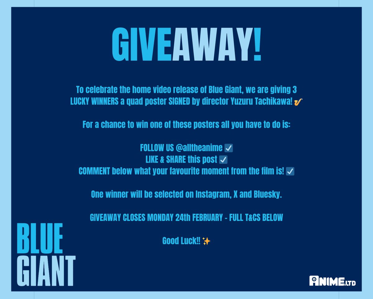 AllTheAnime's tweet image. 💙 GIVEAWAY 💙

To celebrate the HV release of Blue Giant, we are giving away 3 quad posters SIGNED by director Yuzuru Tachikawa! 🎷

Good Luck!✨

T&amp;amp;Cs on our website: spkl.io/6012fmKQ6