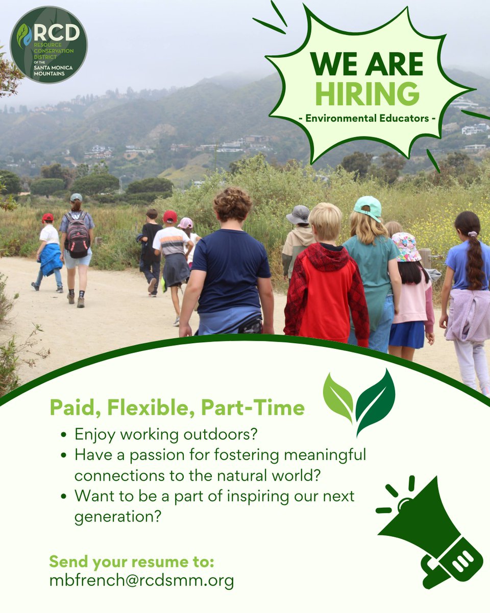 We're hiring part-time Environmental Educators! 🌎Become a part of our talented &amp; knowledgeable team and lead programs around the habitats of the Santa Monica Mountains.💚

Email your resume to our Director of Education at mbfrench@rcdsmm.org 😎