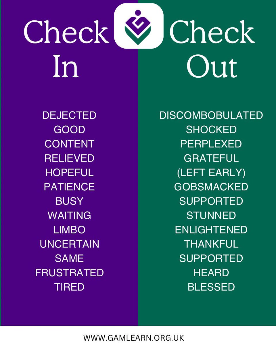 GamLearn's tweet photo. We ask our members at the beginning and end of our CJS support meetings to share how they’re feeling. Here’s Februarys Check Ins and Check Outs 📝 🗣️
-
-
#GamLEARN #GamblingSupport #GamblingRelatedHarm #SupportSession https://t.co/TnLB5AHgOY