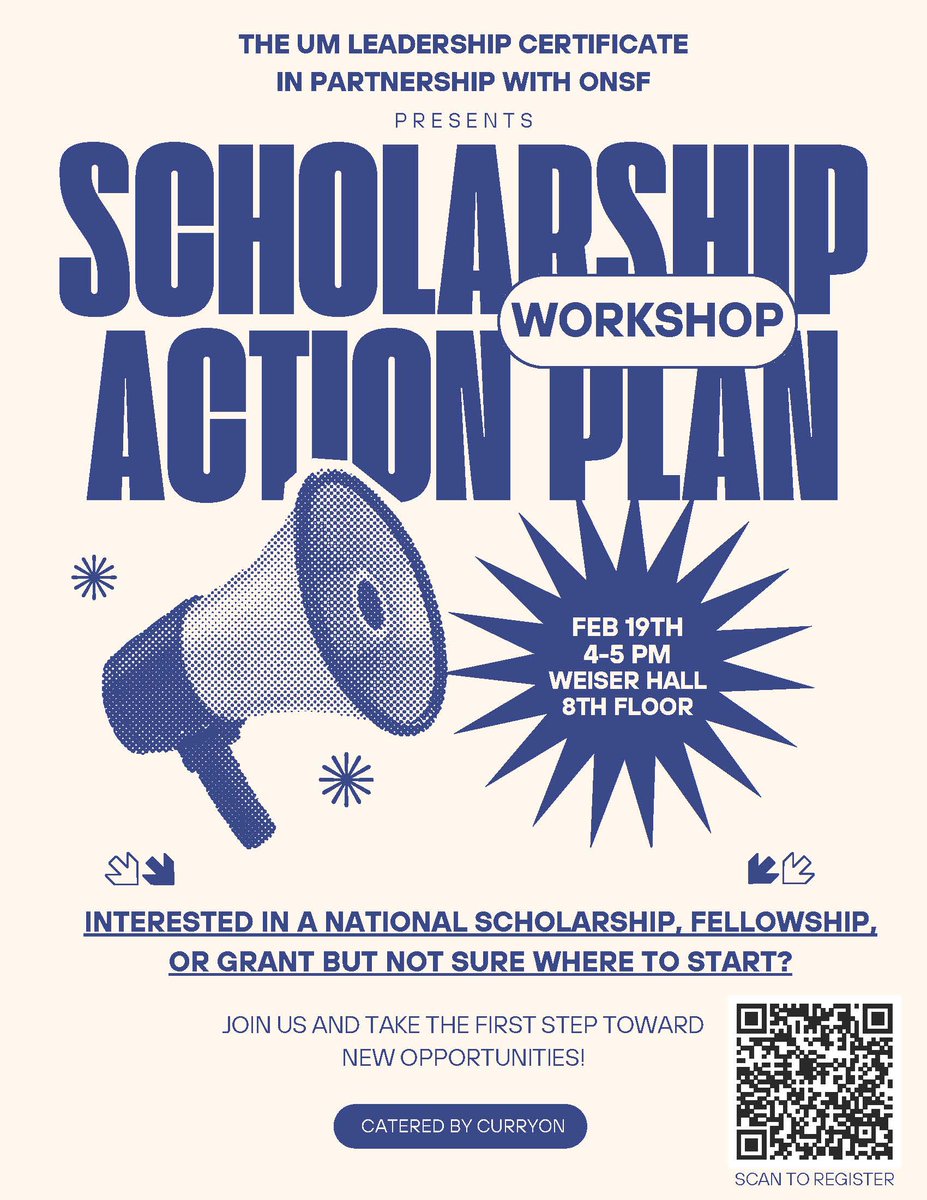 Have you ever considered applying for a major national scholarship, fellowship or grant? Come learn about the application process, make a scholarship action plan and see how the process can benefit you at the UM Leadership Certificate program workshop this Wednesday.