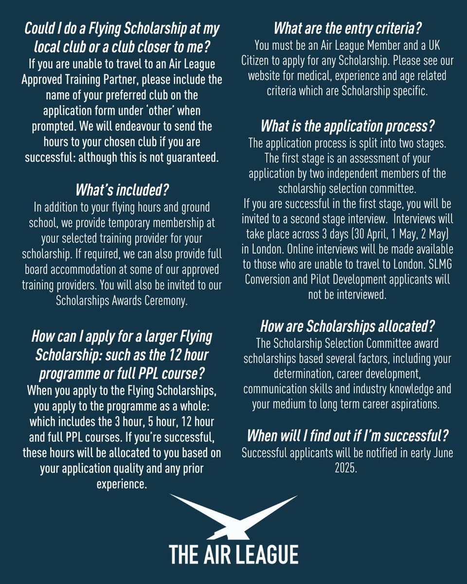 TheAirLeague's tweet image. Check out these handy FAQs we’ve created to help you with any queries you may have about the Air League’s 2025 #Scholarship #Programme! ✈

Applications close on the 30th of March 📆 airleague.co.uk/our-programmes…

#aviation #aerospace #pilot #flying #gliding #career #bursary #funding
