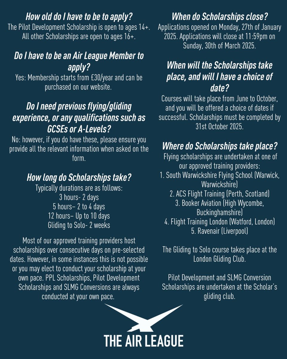 TheAirLeague's tweet image. Check out these handy FAQs we’ve created to help you with any queries you may have about the Air League’s 2025 #Scholarship #Programme! ✈

Applications close on the 30th of March 📆 airleague.co.uk/our-programmes…

#aviation #aerospace #pilot #flying #gliding #career #bursary #funding