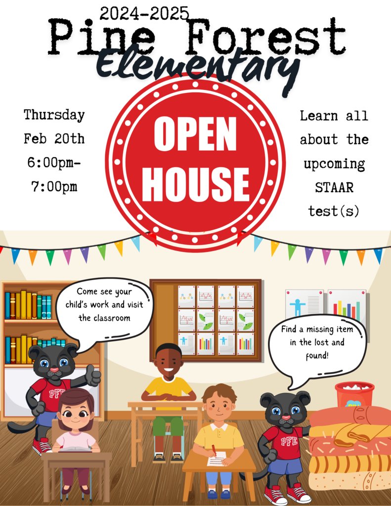 Good Morning Families!  We are looking forward to seeing all of our Panthers back tomorrow 2/18.  Please also join us for OPEN HOUSE Thursday, 2-20 at 6:00-7:00pm