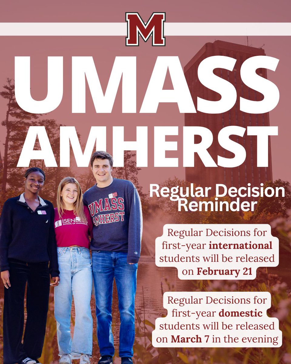 UMass Undergraduate Admissions (@umassadmissions) on Twitter photo ‼️ Regular Decision Applicant Update ‼️
<a href="/UMassAmherst/">UMass Amherst</a> will be releasing international RD admission decisions for first-year students to the class of 2029 on February 21. Domestic admission decisions will be released on March 7 in the evening (EST).
#UMass2029 #UMassAmherst ‼️ Regular Decision Applicant Update ‼️
<a href="/UMassAmherst/">UMass Amherst</a> will be releasing international RD admission decisions for first-year students to the class of 2029 on February 21. Domestic admission decisions will be released on March 7 in the evening (EST).
#UMass2029 #UMassAmherst