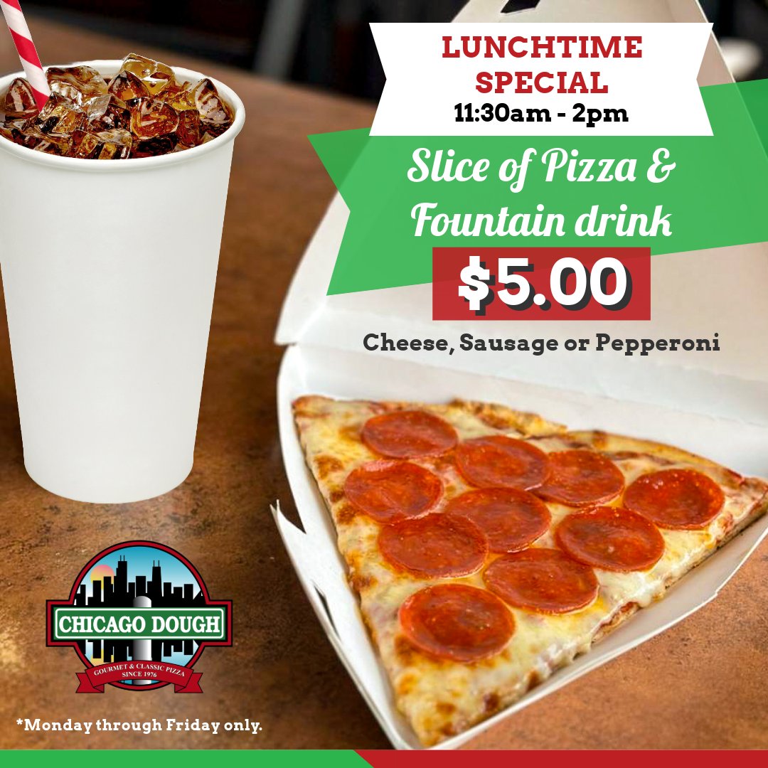ChicagoDoughCo's tweet photo. Looking for a quick, tasty lunch? 🍕🍹 Grab our lunch special from 11:30 AM - 2 PM! Just $5 for a slice of pizza and a refreshing drink. Perfect for when hunger strikes! 😋 https://t.co/y1gZ6ukXXO