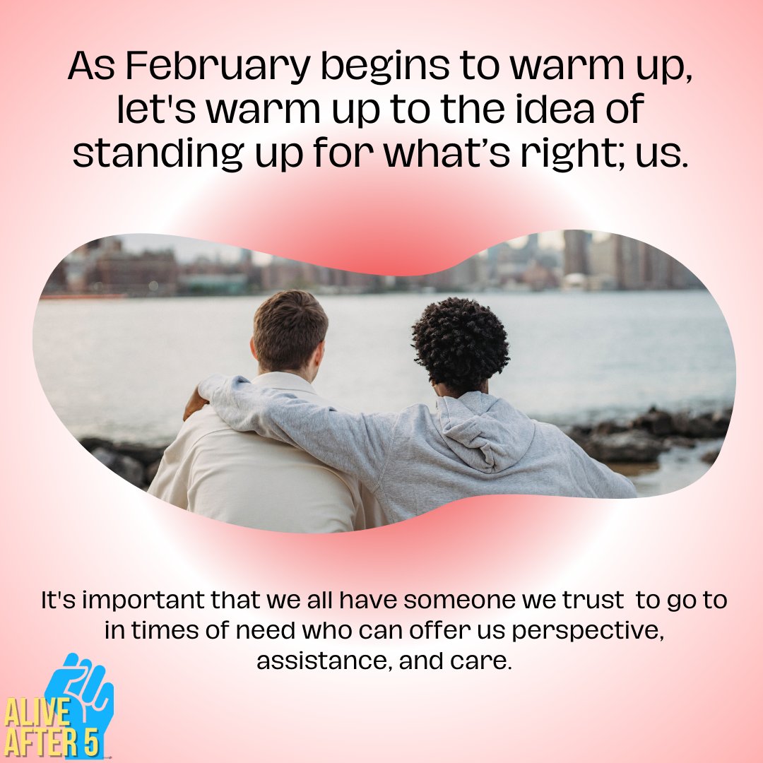 As February begins to warm up, let's warm up to the idea of standing up for what's right; us.

#aliveafter5 #aa5 #workplacesafety #workingsafe #worksafe #takecare #emotionalsupport 
#know #nodiscrimination #refuseunsafework #participate #happy #february #winter #Worksafebc