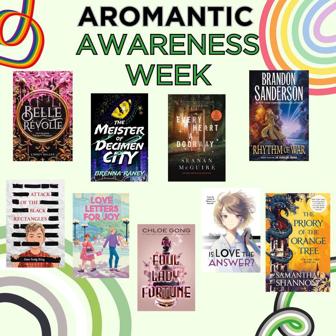 vencolibrary's tweet image. This week is Aromantic Awareness Week. The Ventura County Library would like to acknowledge that not everyone feels love the same, or at all. Here are some of the books we have in our system with aromantic representation!
#librariesforeveryone