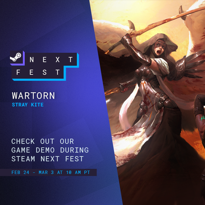 Wartorn_Game's tweet image. This means war ⚔

Wartorn is going to be in Steam Next Fest! 

Play the demo to experience the fantasy strategy-roguelite firsthand from Feb. 24 to Mar. 3!

Full Next Fest details: bit.ly/WartornNextFest 

Join the Wartorn Discord: discord.gg/SdpeTRB8ES