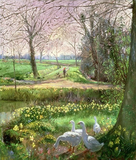 English painter 
Timothy Easton. 
He was for many years a sculptor and then bought a house with a beautiful garden and began to paint it.  
Through the window paintings are a speciality but I’ve chosen this one for a change  ‘Spring on the Way’