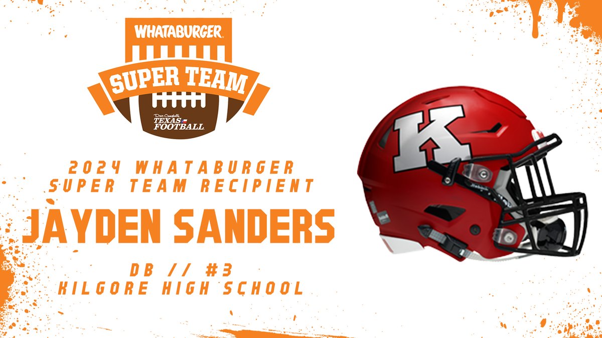 Whataburger Super Team (@whatasuperteam) on Twitter photo Congrats to Kilgore DB Jayden Sanders on being named to the 2024 <a href="/Whataburger/">Whataburger®</a> Super Team!
🍔: texasfootball.com/whataburger-su…
<a href="/JSanders2025/">Jayden_Sanders2025</a> | <a href="/kilgore_fb/">Kilgore Bulldogs FB</a> | <a href="/Fuller_Clint/">Coach Fuller</a> | <a href="/dctf/">Dave Campbell's — TexasFootball.com</a> | #WhataSuperTeam #Whataburger #txhsfb Congrats to Kilgore DB Jayden Sanders on being named to the 2024 <a href="/Whataburger/">Whataburger®</a> Super Team!
🍔: texasfootball.com/whataburger-su…
<a href="/JSanders2025/">Jayden_Sanders2025</a> | <a href="/kilgore_fb/">Kilgore Bulldogs FB</a> | <a href="/Fuller_Clint/">Coach Fuller</a> | <a href="/dctf/">Dave Campbell's — TexasFootball.com</a> | #WhataSuperTeam #Whataburger #txhsfb