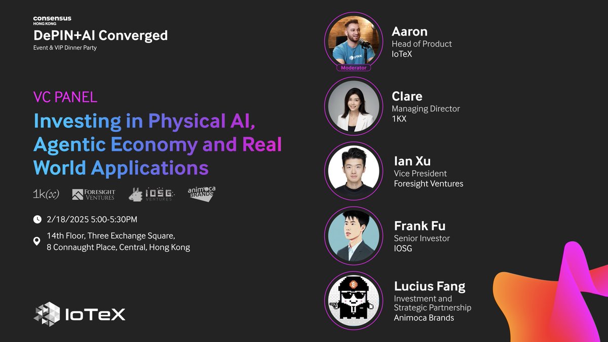 iotex_io's tweet image. What does it take to fund the future of Physical AI?
Top VCs break down what they’re looking for in AI agents & real-world AI.
@meteorclare – @1kxnetwork
@yihanxyh – @ForesightVen
@fraaaankfu – @IOSGVC
@LuciusFang10 – @animocabrands
Moderated by @DePIN_aaron