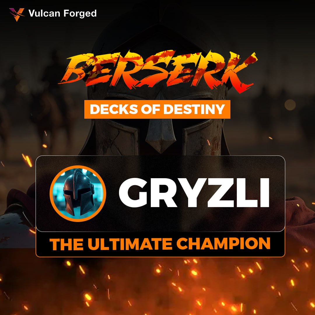 🔥The battlefield has spoken!🔥 
 
Big congratulations to Gryzli, the ultimate champion of the Decks of Destiny tournament! 🏆 
 
He takes home $300 in $PYR from our hefty $800+ prize pool. 
 
Missed out? Fret not—an epic new era for Berserk, packed with upgrades and rewards, is