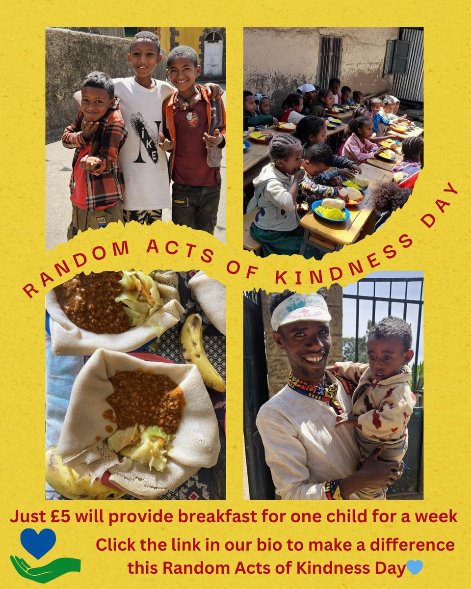 Help us make a difference this Random Acts of Kindness Day💙
Our Breakfast Club programme provides nutritious breakfasts to children attending schools in areas of Ethiopia that have faced conflict.❤️
 A donation of just £5 will provide a child with breakfasts for a week 🥣