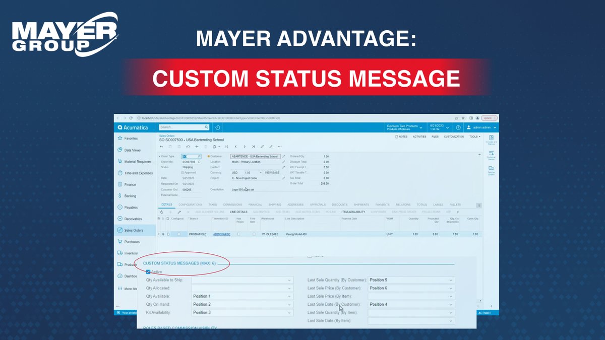 Simplify your sales process with Mayer Group's Custom Status Message for Acumatica. Choose and display item details on your sales orders to improve efficiency and decision-making. Discover how: mayererp.com/6294-2/

#MayerERP #Acumatica #ERPFeatures #SalesOptimization
