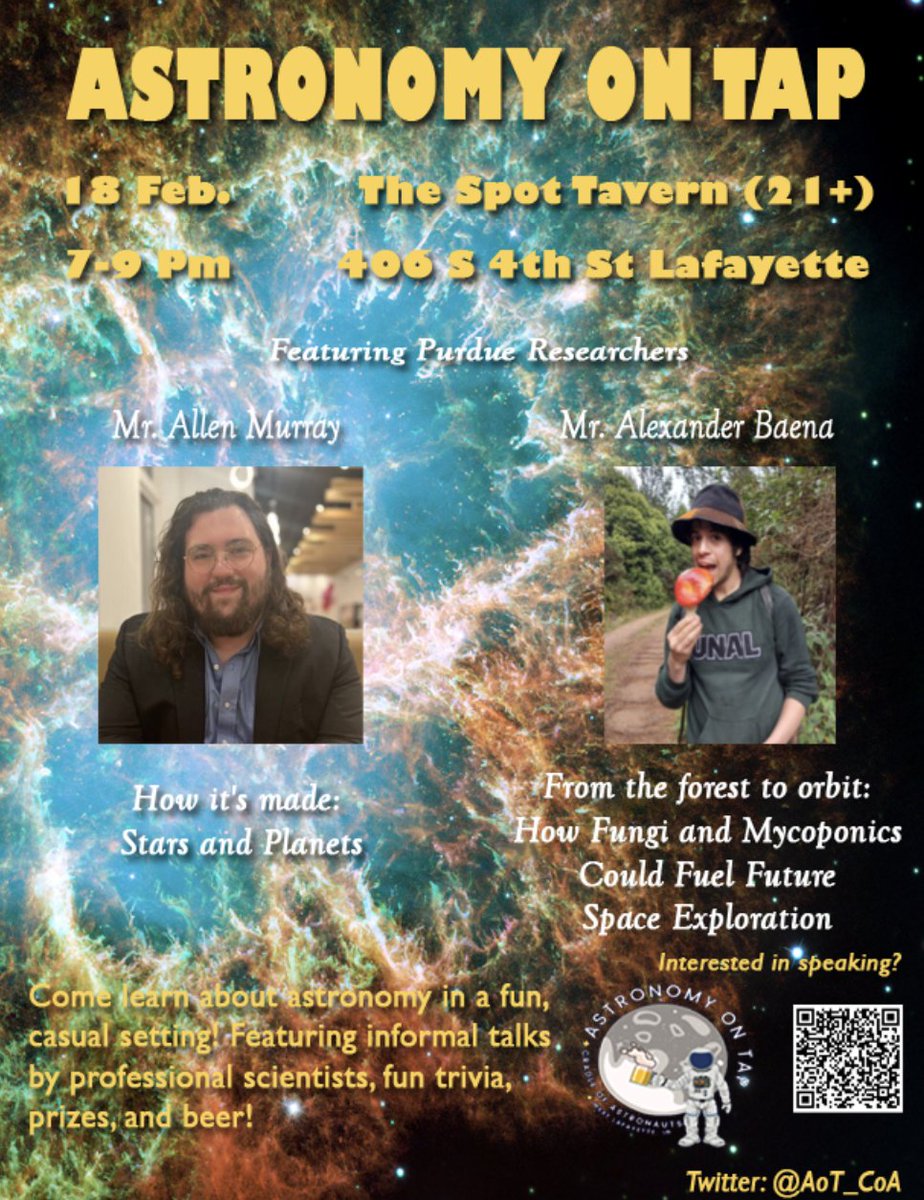 Purdue EAPS (@purdueeaps) on Twitter photo Be sure to join <a href="/AoT_CoA/">Astronomy on Tap -- Cradle of Astronauts</a> on February 18th at 7pm at The Spot in Lafayette! 🔭 🌕 Be sure to join <a href="/AoT_CoA/">Astronomy on Tap -- Cradle of Astronauts</a> on February 18th at 7pm at The Spot in Lafayette! 🔭 🌕