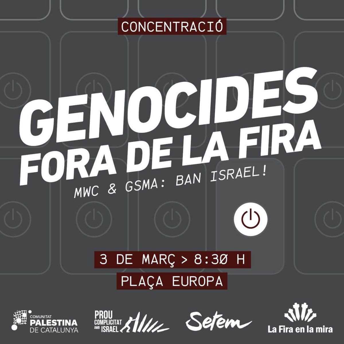 ProuComplicitat #AturemElGenocidi (@proucomplicitat) on Twitter photo La <a href="/Fira_Barcelona/">Fira Barcelona</a> acollirà a empreses israelianes en el Mobile World Congress.
‼️ Ho farà dedicant-li un pavelló exclusiu.
Perquè no volem que Barcelona sigui còmplice amb l'ocupació, convoquem a una concentració el 3 de març a les 8.30 del matí a la Pl. Europa.
Farem soroll. La <a href="/Fira_Barcelona/">Fira Barcelona</a> acollirà a empreses israelianes en el Mobile World Congress.
‼️ Ho farà dedicant-li un pavelló exclusiu.
Perquè no volem que Barcelona sigui còmplice amb l'ocupació, convoquem a una concentració el 3 de març a les 8.30 del matí a la Pl. Europa.
Farem soroll.