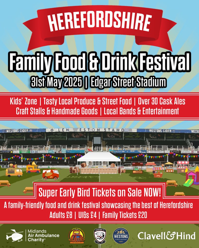 ☀️🍺 𝙏𝙝𝙚 𝙃𝙚𝙧𝙚𝙛𝙤𝙧𝙙𝙨𝙝𝙞𝙧𝙚 𝙁𝙖𝙢𝙞𝙡𝙮 𝙁𝙤𝙤𝙙 𝙖𝙣𝙙 𝘿𝙧𝙞𝙣𝙠 𝙁𝙚𝙨𝙩𝙞𝙫𝙖𝙡 🍲☀️

Super Early Bird Tickets are available NOW! 👇
herefordfc.co.uk/herefordshires…
#COYW | #OurCity