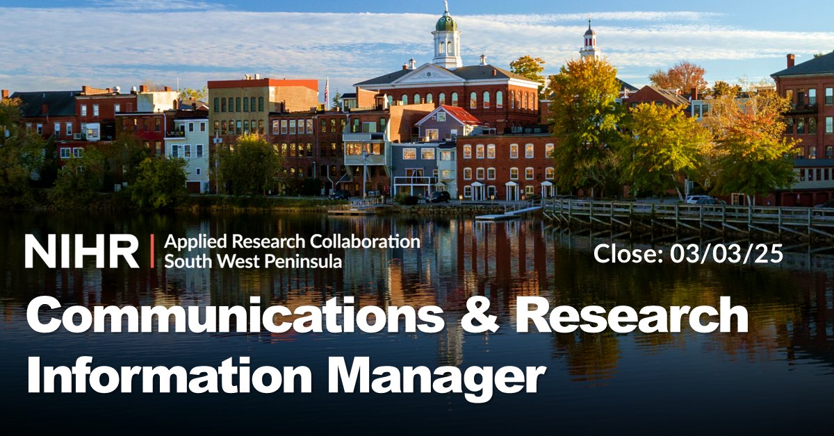 PenARC (NIHR ARC South West Peninsula) (@peninsula_arc) on Twitter photo We're delighted to share an exciting opportunity to join our team as Comms & Research Info Manager!
Help share (and enable) health & care improvement across the #SouthWest & beyond!
Close: 3/3/25
Salary: £42,882+ (pro rata)
#Exeter
👉tinyurl.com/mv32n3n4
<a href="/UoE_Jobs/">Exeter Uni Jobs</a> We're delighted to share an exciting opportunity to join our team as Comms & Research Info Manager!
Help share (and enable) health & care improvement across the #SouthWest & beyond!
Close: 3/3/25
Salary: £42,882+ (pro rata)
#Exeter
👉tinyurl.com/mv32n3n4
<a href="/UoE_Jobs/">Exeter Uni Jobs</a>