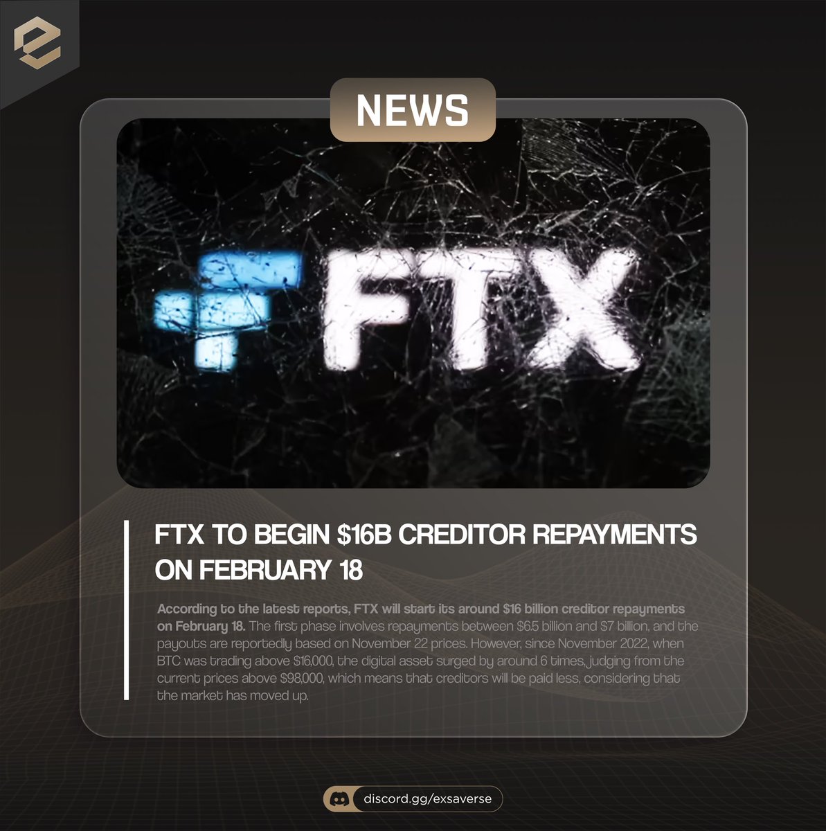 exsaverse's tweet photo. 🚨 Breaking News: FTX to begin $16B creditor repayments on February 18! 💰 Will this bring relief to affected investors? 🤔 https://t.co/3dhvlYmo7J