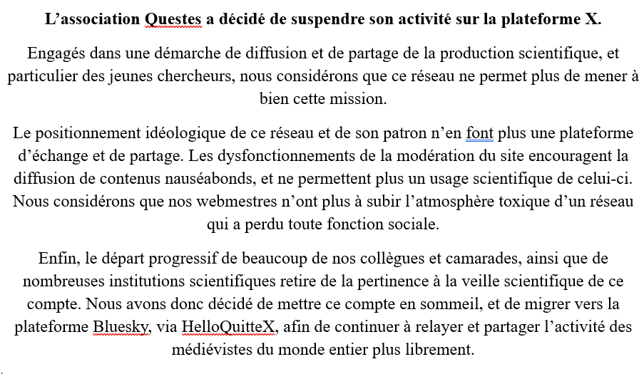 L'association Questes a décidé de suspendre son activité sur la plateforme X et ce compte ne sera plus actif.
Notre compte Bluesky : bsky.app/profile/queste…
