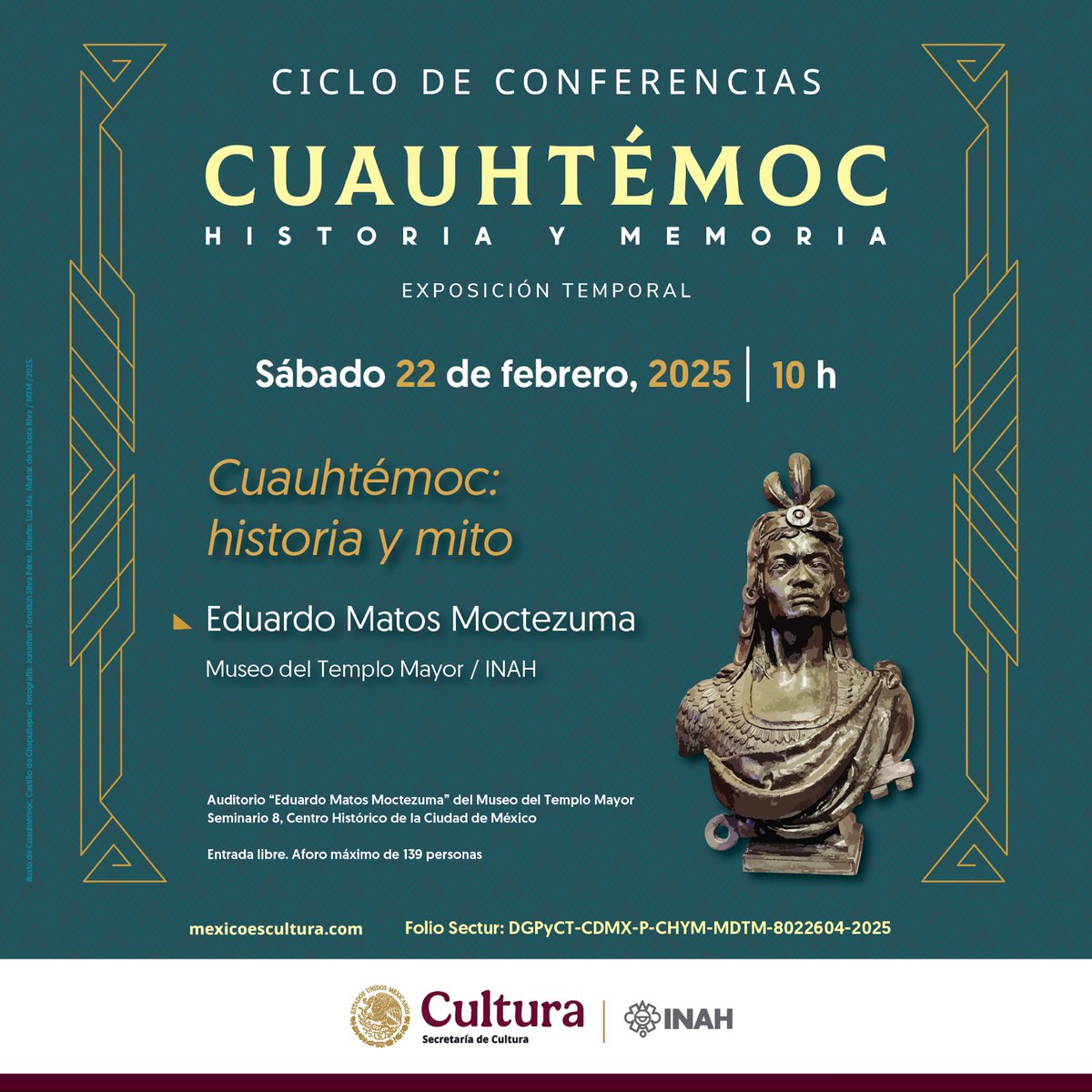 #HistoriaYMemoria

El sábado #NoTePierdas la conferencia del doctor Eduardo Matos Moctezuma "Cuauhtémoc: historia y mito".
Auditorio "Eduardo Matos Moctezuma".
Entrada libre, cupo limitado
#NosVemos a las 10 h.