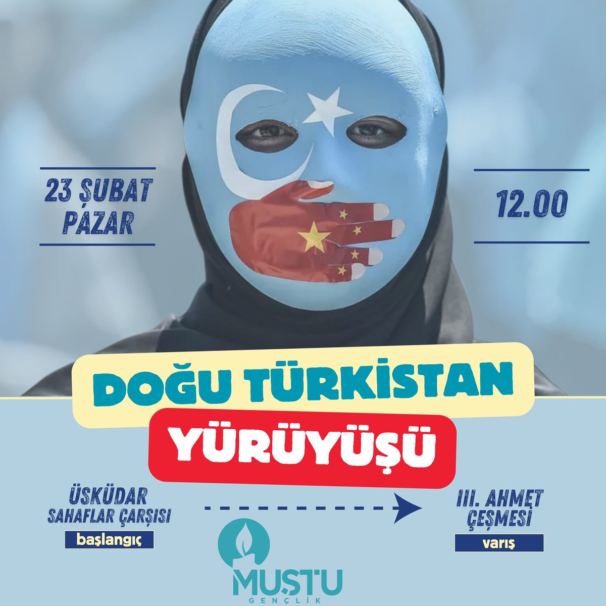 Bu pazar Üsküdar'da Doğu Türkistan'daki toplama kamplarında tutulan esir Türkler için yürüyoruz. Doğu Türkistan'ı dert edinen, esir Türklerin kısılmaya çalışılan sesi olmak isteyen herkes davetlidir.