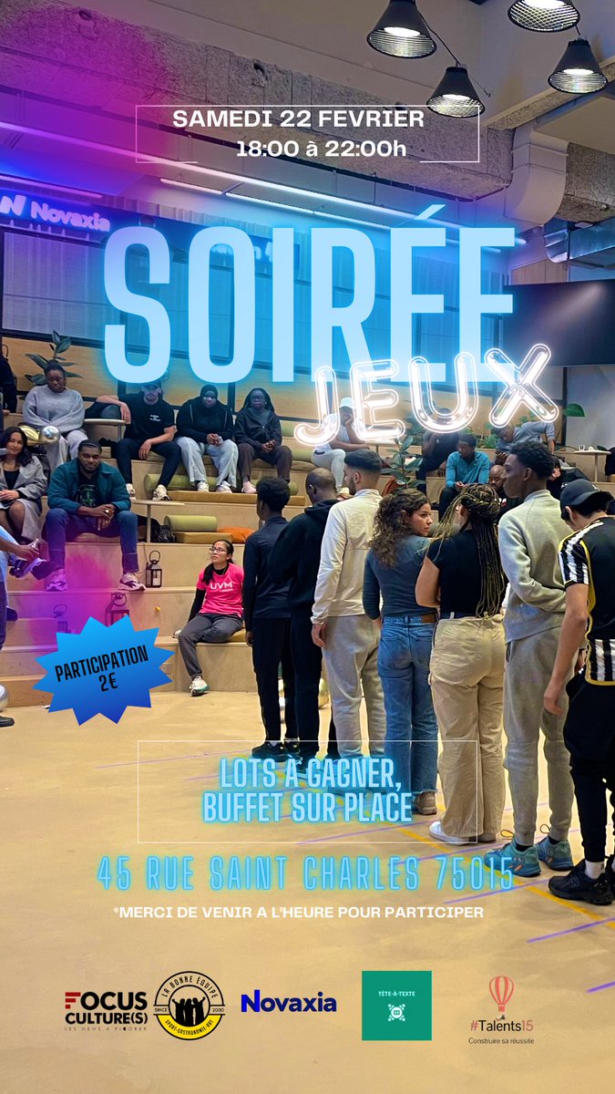 nesrineparis's tweet image. Ce samedi 22 février nous vous attendons nombreuses et nombreux pour une soirée jeux ,quizz culture générale.
@talents15 ,@LaBonneEquipeFR ,@FocusCultures @novaxia_paris @teteAtexte .
Au 42 rue saint Charles à partir de 18h.
Merci à @novaxia_paris pour l’accueil ☺️
@McDoucere
