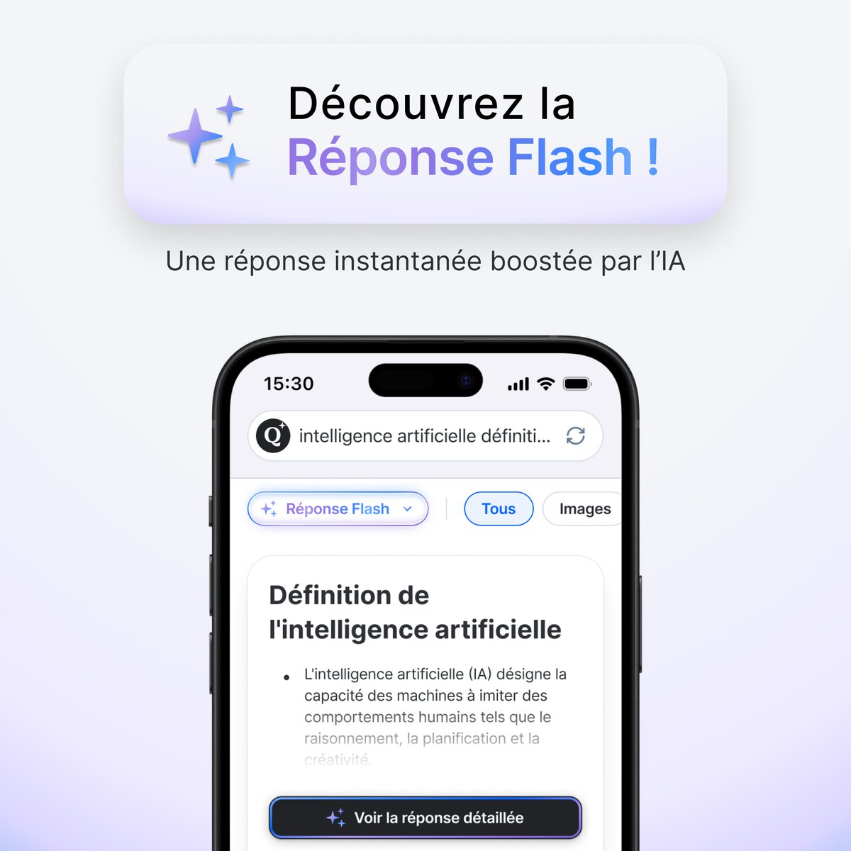 Qwant_FR's tweet photo. Update de notre module d'IA 🛠️

On a écouté vos retours sur le fait que notre module d'IA, qui s'appelle désormais la Réponse Flash, pouvait parfois gêner votre navigation ! On l'a donc fixé en hauteur et corrigé l'affichage progressif. On a également amélioré la qualité de la réponse et sa mise en avant.

Pas mal non ? 🤔