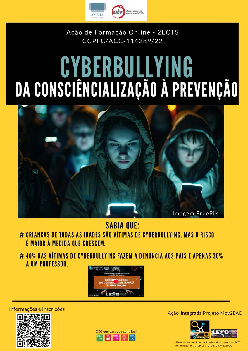 Inscrições abertas para a ação de formação de professores (2 ECTS)  Cyberbullying: da consciencialização à prevenção. Veja o vídeo youtube.com/watch?v=dDDqMD…
+ informações  e Inscrições em: portal.uab.pt/alv/cursos_alv…
📷
#formação #cyberbullying #ualv #uab