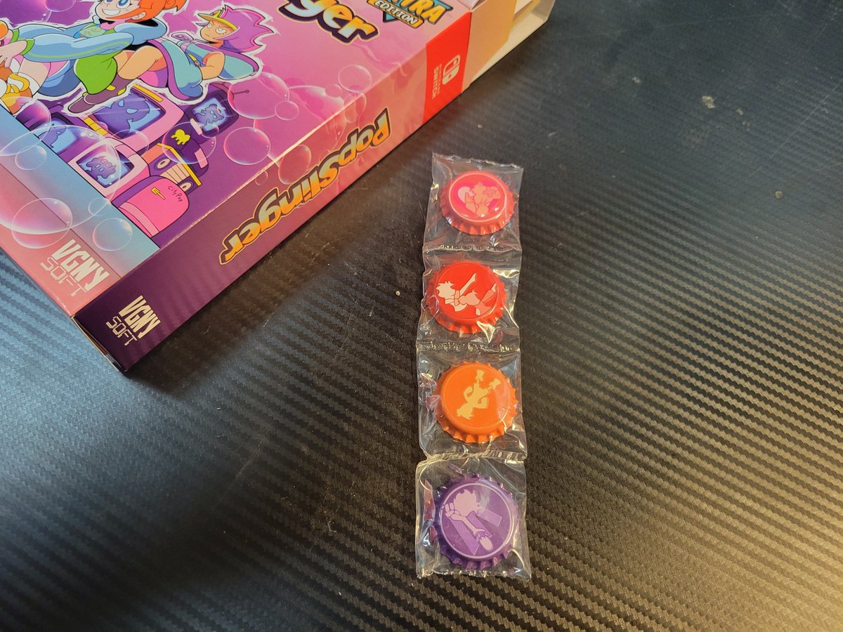 VGNYSoft's tweet image. First up on our exploration through the #ExtraEdition for #PopSlinger is the bottle caps that come included. While you can&apos;t use them as a currency (yet), these four caps represent the 4 main power ups that protagonist Ria Carbon gains throughout her adventure!
