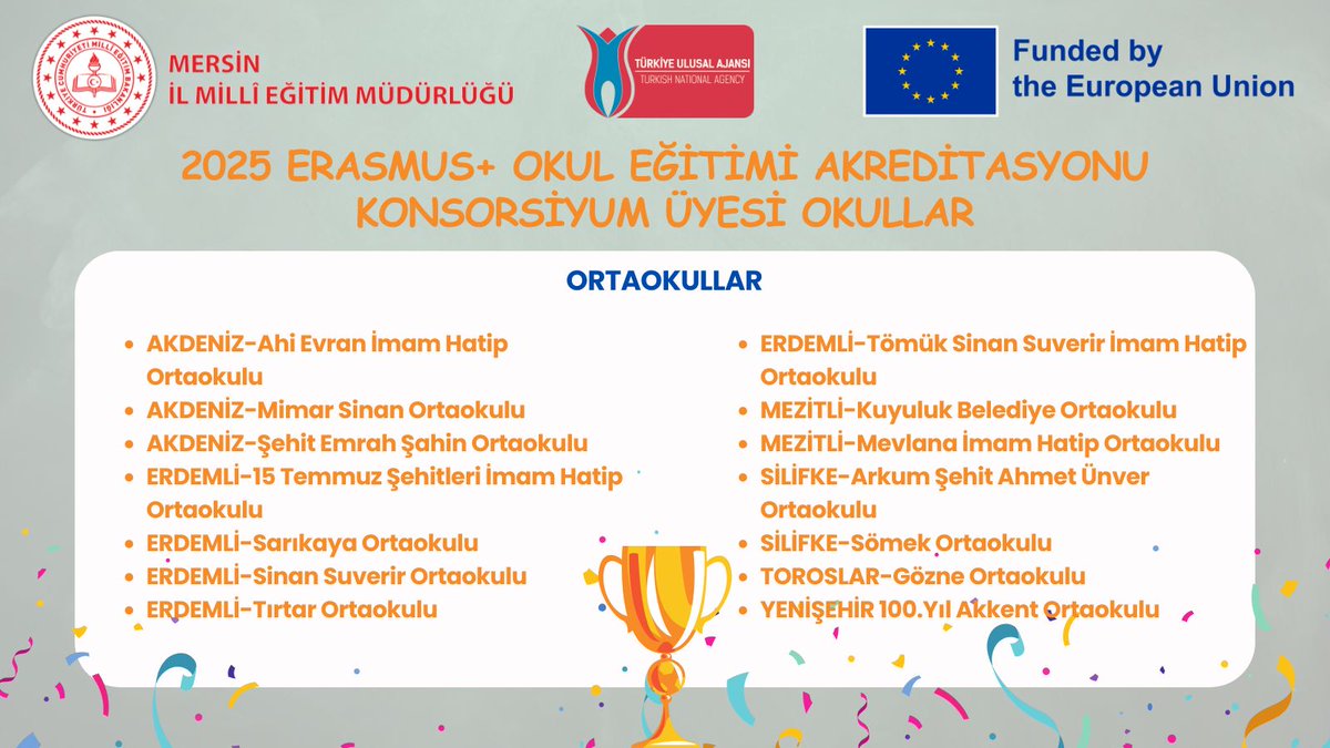 MersinMEM's tweet photo. 📢 Mersin Milli Eğitim Müdürlüğü 2025 #Erasmus Okul Eğitimi Akreditasyonu Konsorsiyum Üyeliği başvuru sonuçları belli oldu.🎉

✔️ Konsorsiyum üyeliğine hak kazanan kurumlarımızı tebrik ederiz.👏✨

@tcmeb 
@Yusuf__Tekin 
@valiatillatoros 
@fazilet_durmus 
@ulusalajans https://t.co/3qj3IKwz78