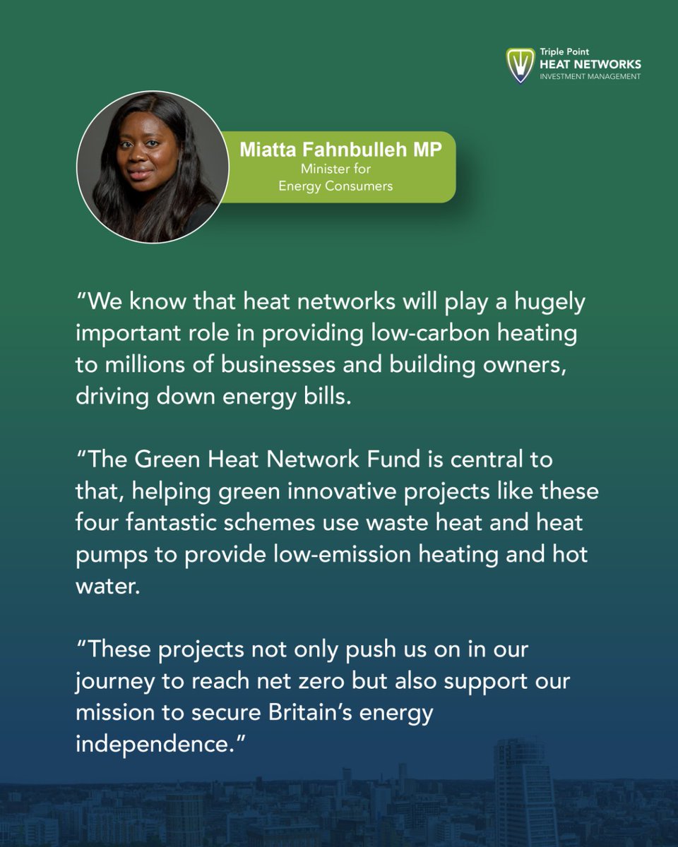tpheatnetworks's tweet photo. With £34.4 million from the #GHNF supporting four new low-carbon heat network projects, Minister for Energy Consumers, @Miatsf highlighted their crucial role in the transition to clean energy. 

Find out more: https://t.co/XtnfgR6BC1 

#Decarbonisation #HeatNetwork https://t.co/FG2AcMZMyZ