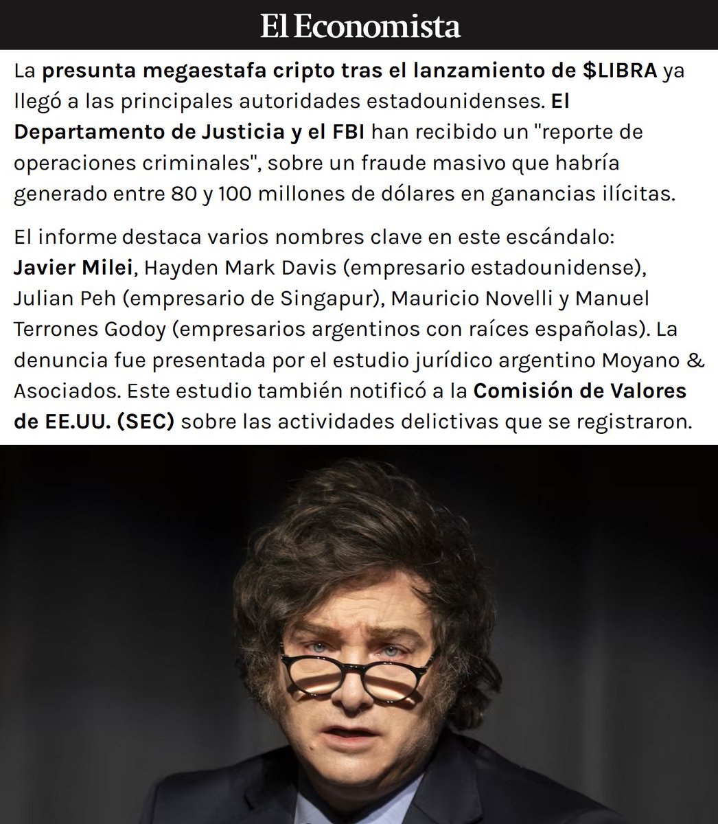 porquetendencia's tweet photo. "El FBI":
Porque informan que Javier Milei fue denunciado ante las autoridades de Estados Unidos tras el lanzamiento de $LIBRA https://t.co/dgzwALfy2Y
