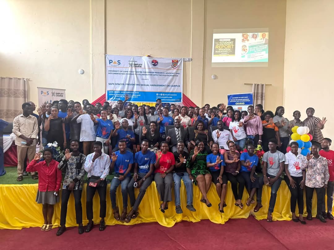 POS Foundation, in collaboration with CEGRAD-UCC, and support from Amplify Change UK, organized a sensitization workshop for students of the University of Cape Coast on 
Safe Spaces: Preventing Sexual Harassment on Campus.