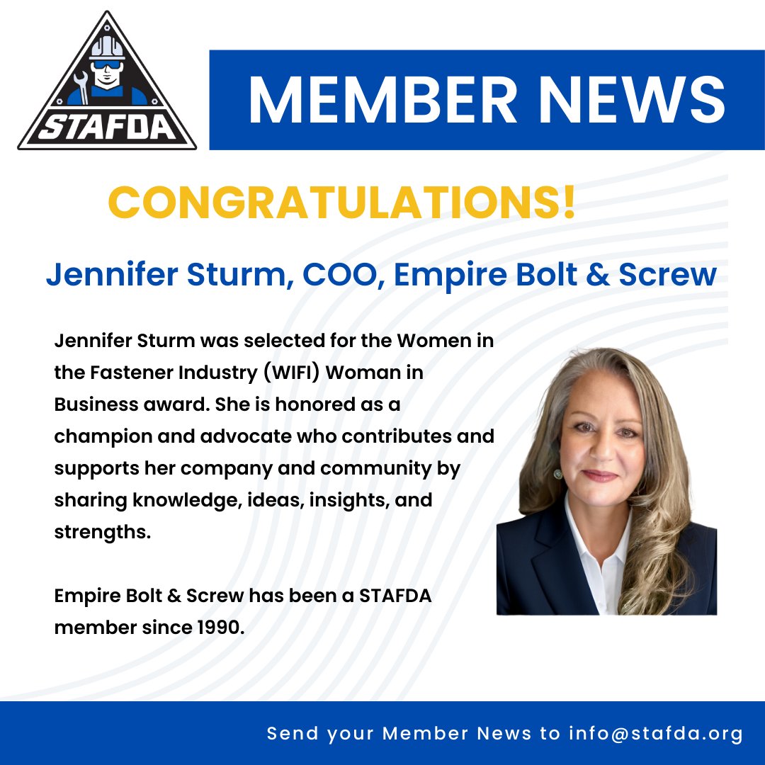 🌟 Congratulations to STAFDA member, Jennifer Sturm! Jennifer received the Women in the Fastener Industry's Woman in Business award. 🎉