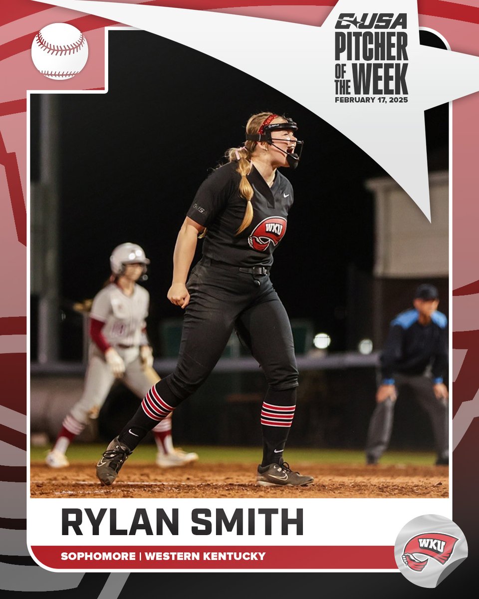 🥎 PITCHER OF THE WEEK 🥎  

🏅1️⃣ Rylan Smith, <a href="/WKUSoftball/">WKU Softball</a> 

#NoLimitsOnUs | bit.ly/4b14I9X