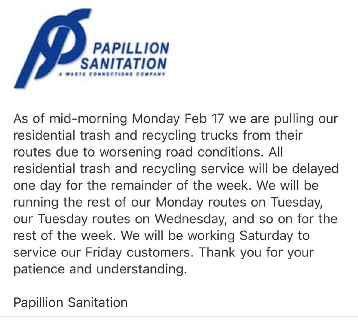 Important Update from Papillion Sanitation regarding trash service today in Bellevue!