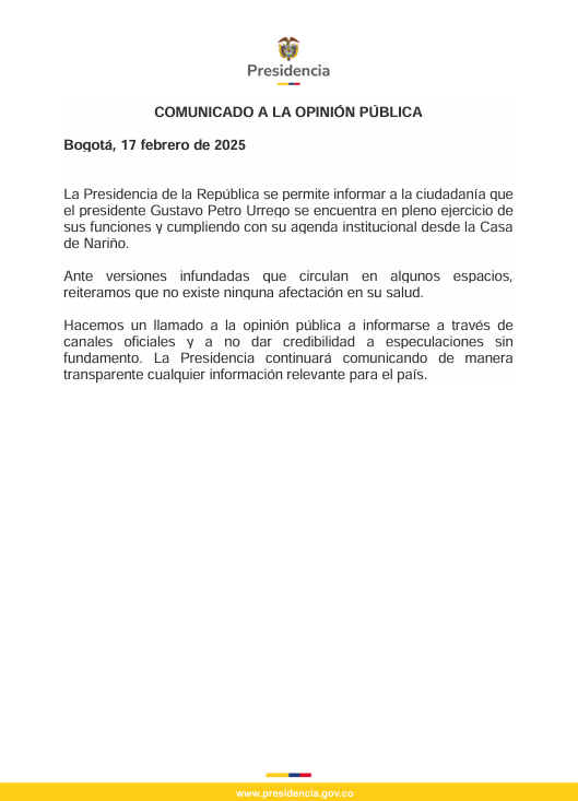infopresidencia's tweet photo. 🔴 .@infopresidencia informa a la ciudadanía que el presidente @PetroGustavo se encuentra en pleno ejercicio de sus funciones y cumpliendo con su agenda institucional desde la Casa de Nariño.

Ante versiones infundadas que circulan en algunos espacios, reiteramos que no existe ninguna afectación en su salud.