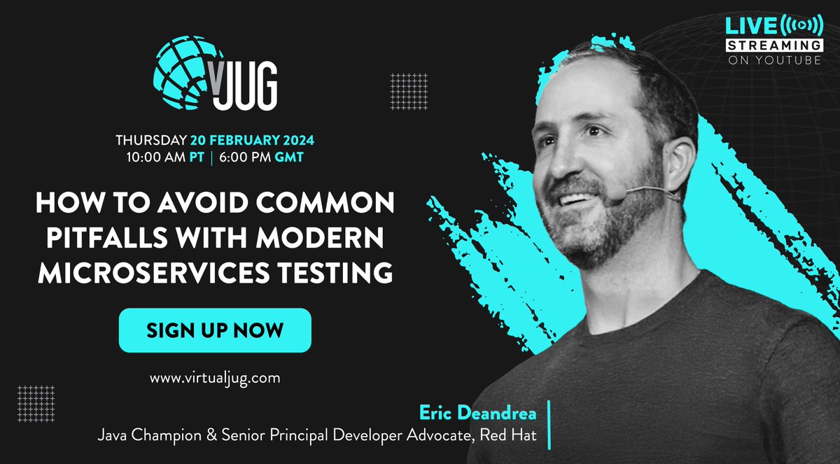 VirtualJUG (vJUG) (@virtualjug) on Twitter photo Are you experiencing production failures even after passing tests?
Join <a href="/edeandrea/">Eric Deandrea (@ericdeandrea.dev)</a> live on Feb 20 to discover:
- Common pitfalls and how to avoid them
- The testing pyramid—understanding its importance
- Pact contract testing with Quarkus
Sign up: bit.ly/4aLsHtn Are you experiencing production failures even after passing tests?
Join <a href="/edeandrea/">Eric Deandrea (@ericdeandrea.dev)</a> live on Feb 20 to discover:
- Common pitfalls and how to avoid them
- The testing pyramid—understanding its importance
- Pact contract testing with Quarkus
Sign up: bit.ly/4aLsHtn
