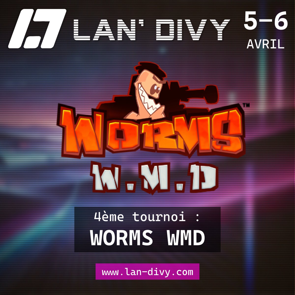 LAN_Divy's tweet image. Vous avez choisi le jeu du quatrième tournoi : ce sera Worms WMD !
Les inscriptions et le détail des tournois sur lan-divy.com