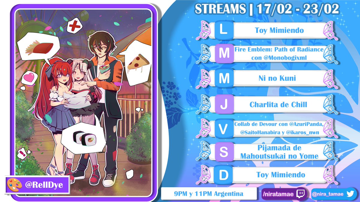Tenemos horarios! Mañana seguimos Fire Emblem con <a href="/monobogithe/">Monobogi Thunderforge - RPGTuber herrero.</a> y el viernes tenemos collab con <a href="/AzuriPanda/">Azuri 💙🐼 PandaVtuber</a>, <a href="/SaitoHanabira/">Saito Hanabira VT 🍀🪙</a> y <a href="/ikaros_nwn/">ikaros (ikaros_UwU)</a>, me haras compania? ❤️🦋
Art: <a href="/RellDye/">Rell:Dye?</a> 

#Vtubers #VTuberES #VTuberUprising #TwitchStreamers #gamer #VtuberDebut #VtuberSupport #streamer