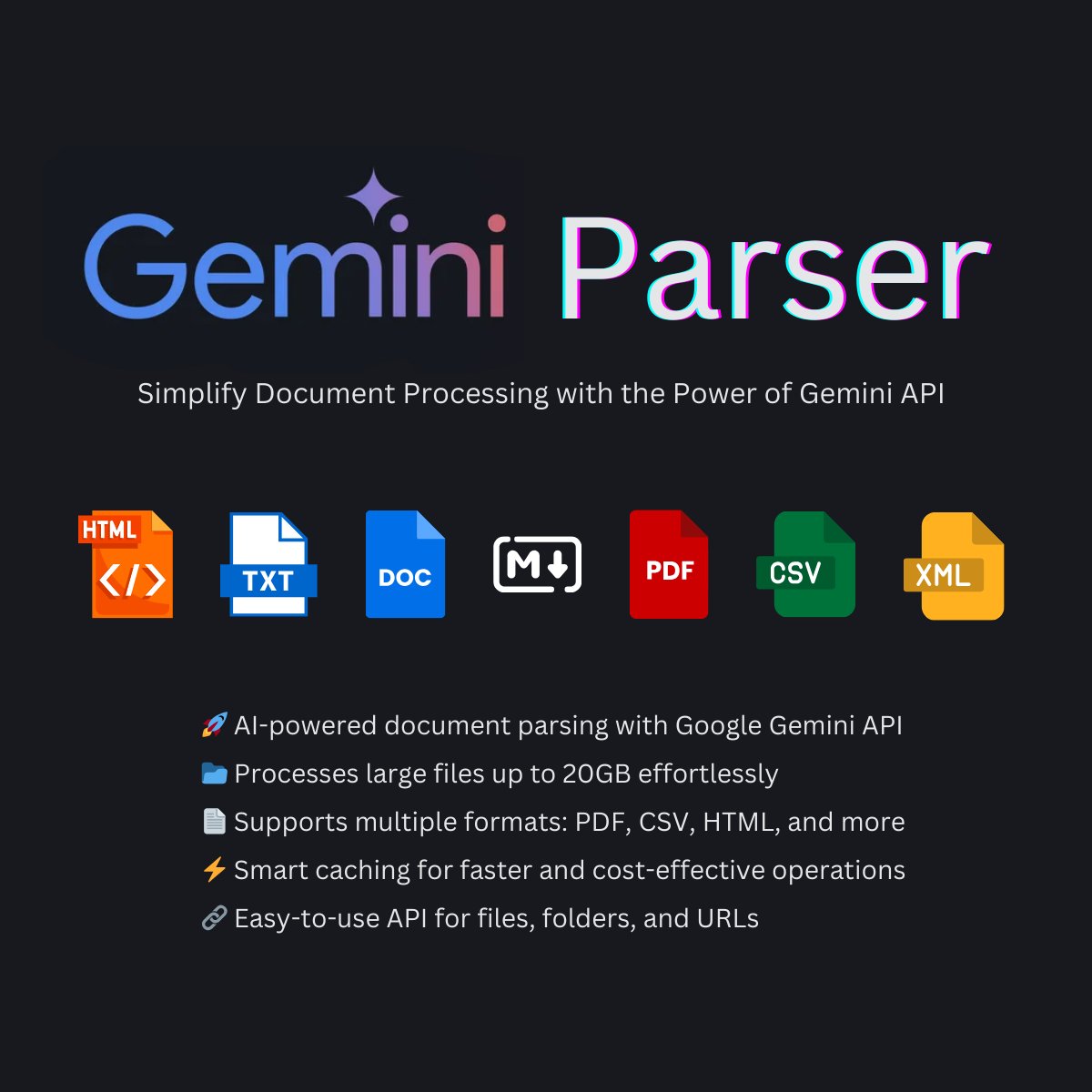TIMNIRMAL's tweet photo. 🚀 gemini-parser – AI-powered document parsing with Google Gemini API!

📜 Parses large PDFs with chunking &amp; parallel processing.
⚡ Smart caching for speed &amp; lower costs.
📑 Supports PDF, CSV, HTML, DOC, XML, TXT.
🔗 GitHub: https://t.co/LuuHY2cZKm

#AI #GoogleGemini #Python https://t.co/HJWdOx0byo